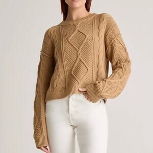 Quince 100% Organic Cotton Cropped Cable Crew Sweater Size XS Neutral Minimalist